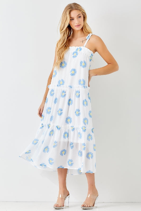 Baevely Blue Flower Midi Dress with Tie Straps