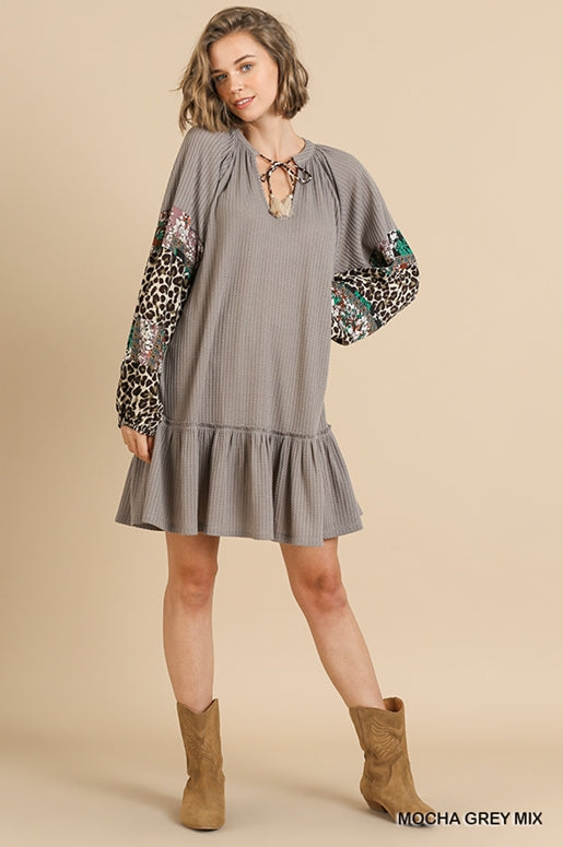 Umgee Waffle Leopard Contrast Sleeve Dress - Mocha Grey Mix