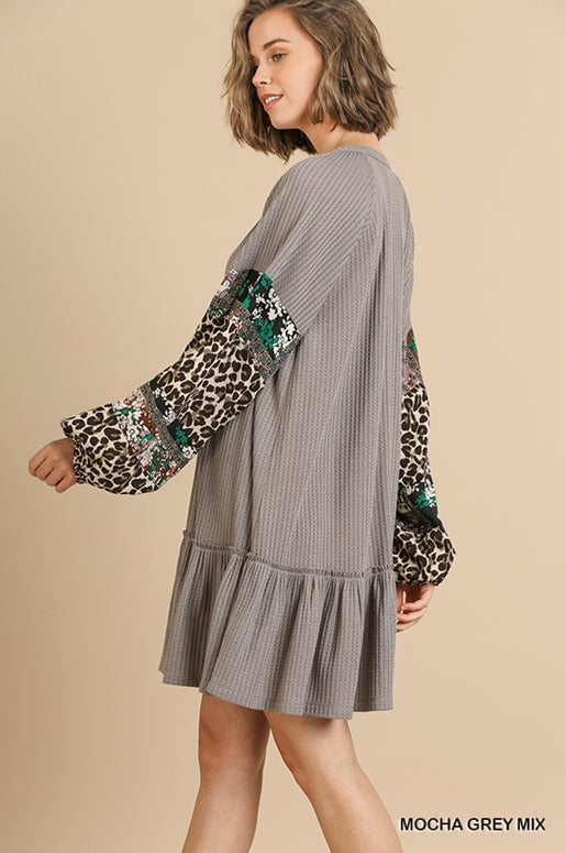 Umgee Waffle Leopard Contrast Sleeve Dress - Mocha Grey Mix