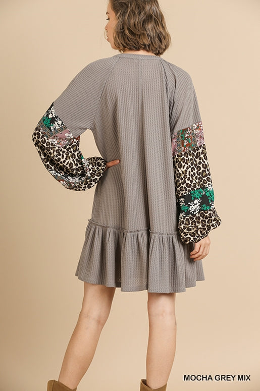 Umgee Waffle Leopard Contrast Sleeve Dress - Mocha Grey Mix