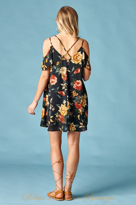 Sweet Floral Flutter Sleeves Dress - Black