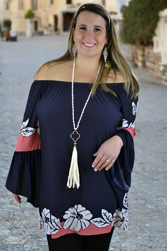 Floral Border Tunic Bell Sleeve Tunic - Dark Navy