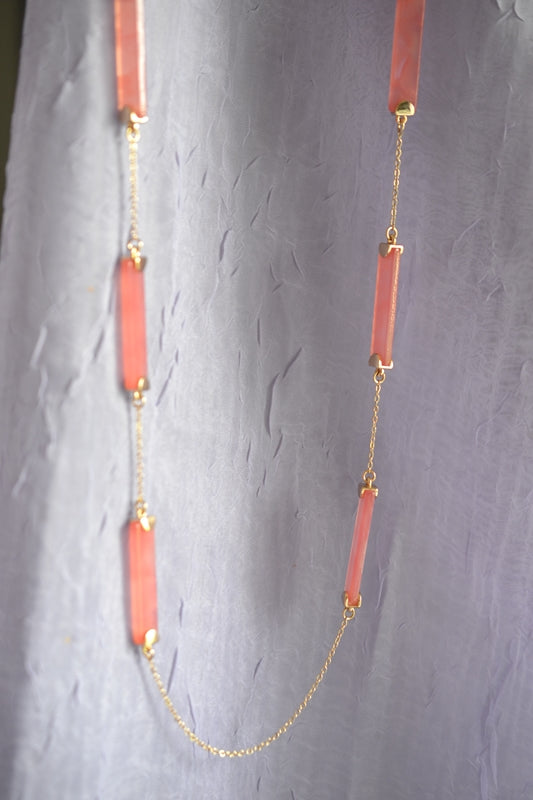 Fuchsia Bar Strand Necklace – 40" Gold Tone Layering Necklace