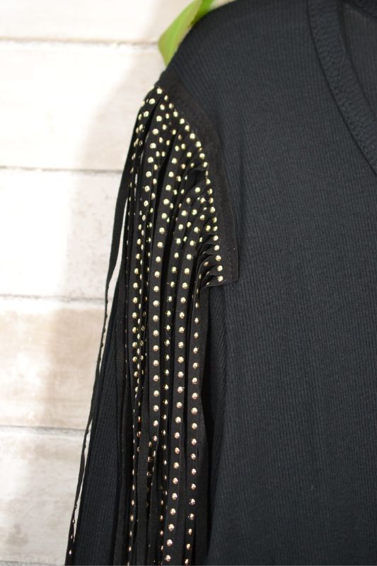 Vocal Shoulder Studded Fringe Long Sleeve Top - Black