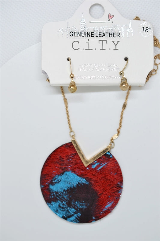 Red/Metallic Blue Cowhide Leather Circle Necklace Set
