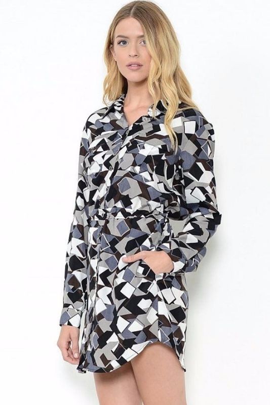 Esley Retro Geometric Print Shirt Dress