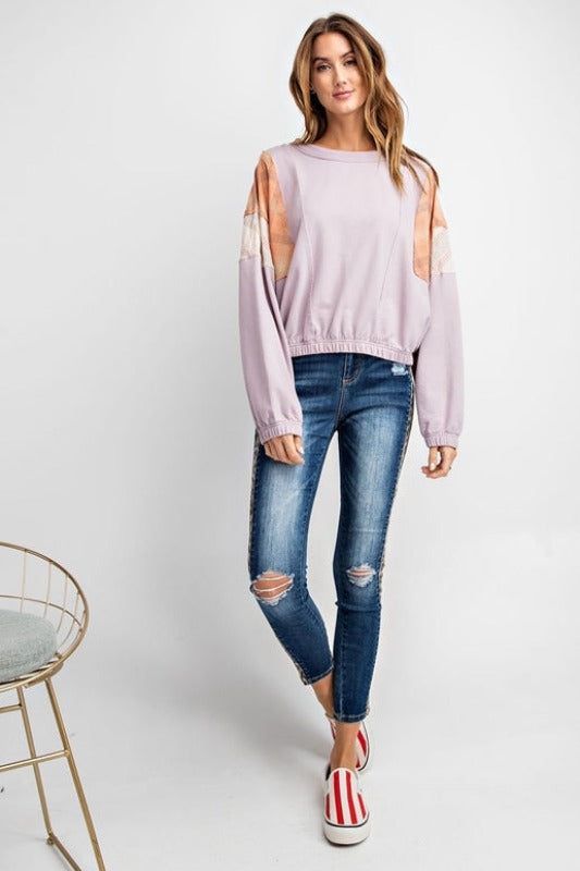 Easel Plaid Accent Short Top - Lilac