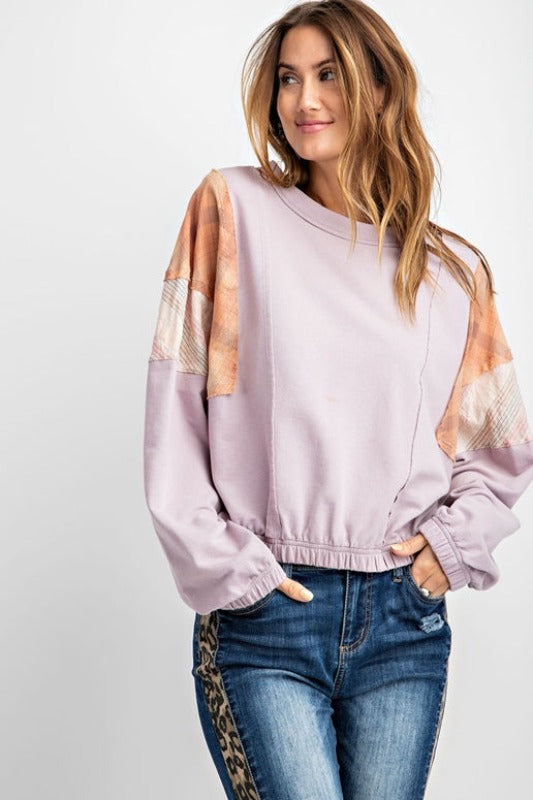 Easel Plaid Accent Short Top - Lilac