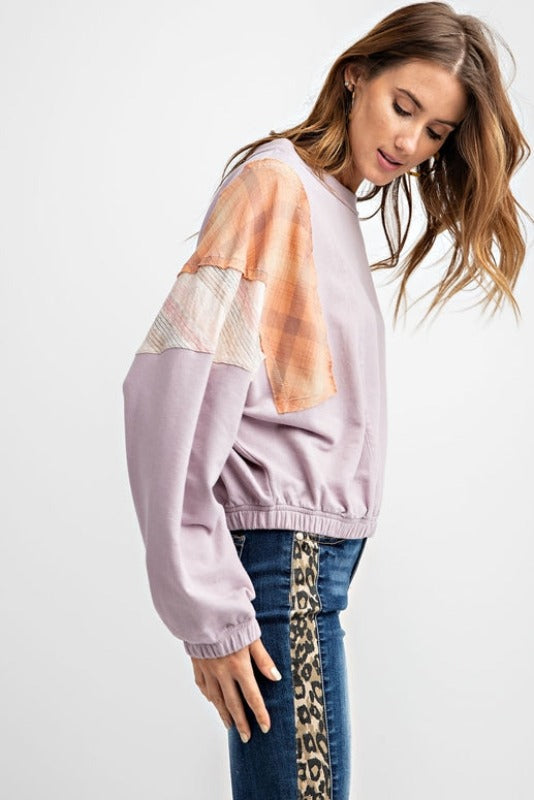 Easel Plaid Accent Short Top - Lilac