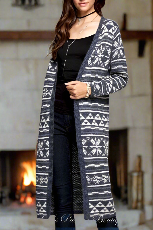 Fair Isle Cardigan Long Sweater - Navy