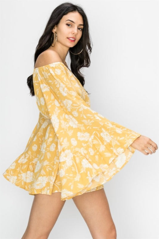 FAV Off Shoulder Big Bell Sleeve Romper - Mustard