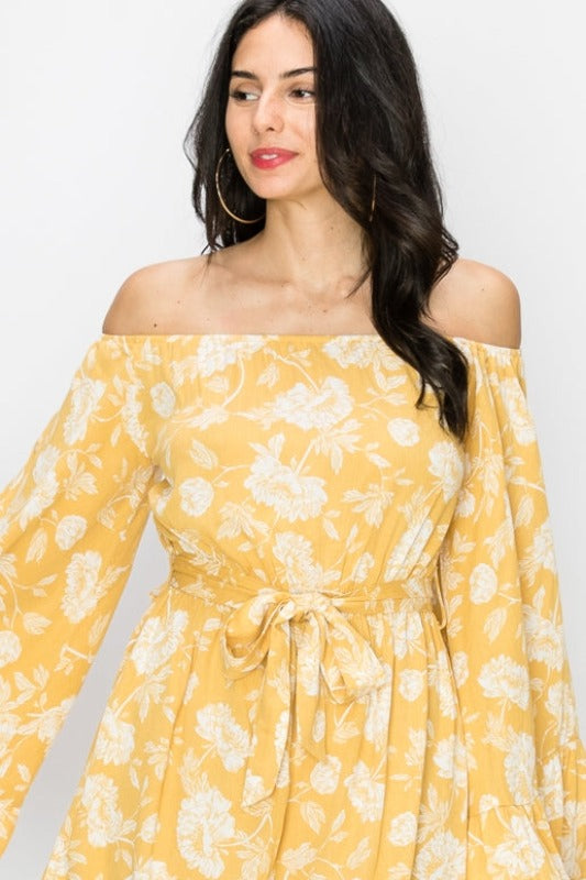 FAV Off Shoulder Big Bell Sleeve Romper - Mustard