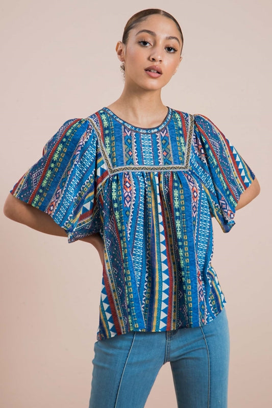Sausalito Flutter Sleeve Shirred Blouse - Blue