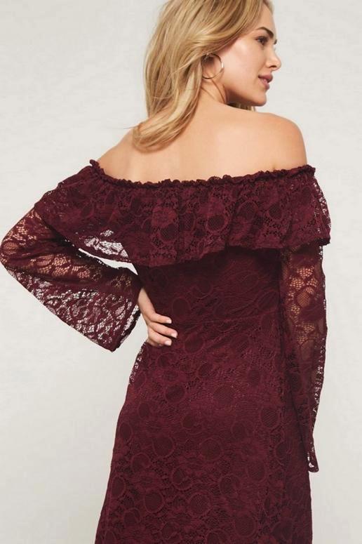 Burgundy Off Shoulder Sassy Lace Holiday Dress