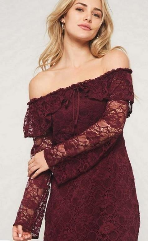 Burgundy Off Shoulder Sassy Lace Holiday Dress