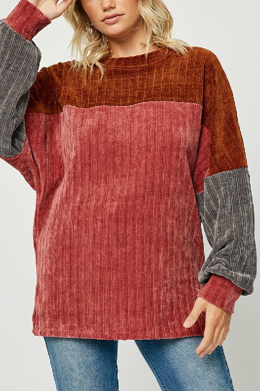Hayden Colorblock Chenille Pullover Sweater Top - Red Mauve