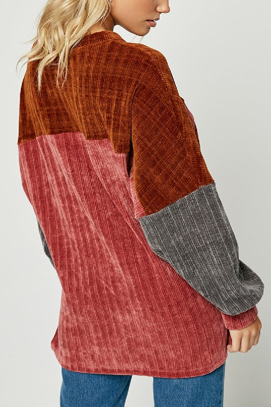 Hayden Colorblock Chenille Pullover Sweater Top - Red Mauve