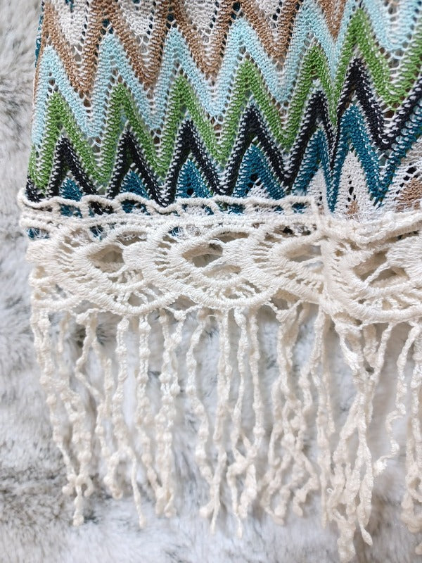 A'Reve Back Lace Up Fringe Tunic - Teal Multi