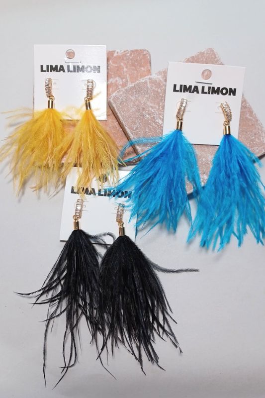 Lima Limon Feather Earrings Rhinestones Embellished
