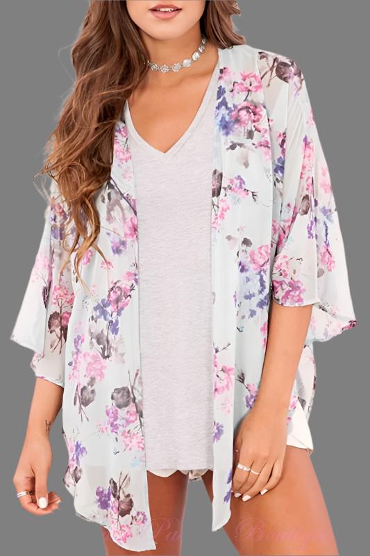 Peach Love Blossoms Floral Bell Sleeve Kimono - Mint