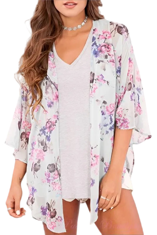 Peach Love Blossoms Floral Bell Sleeve Kimono - Mint