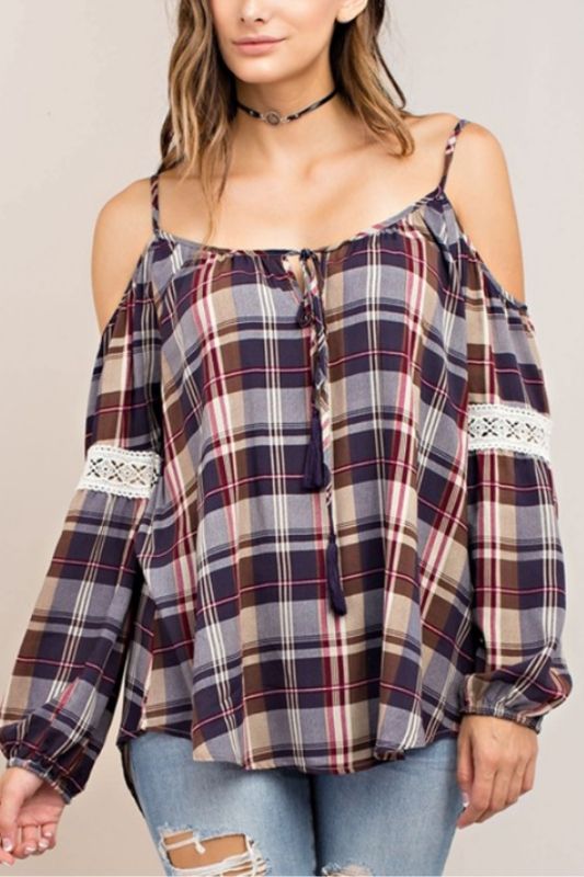 Kori Cold Shoulder Plaid Blouse - Eggplant