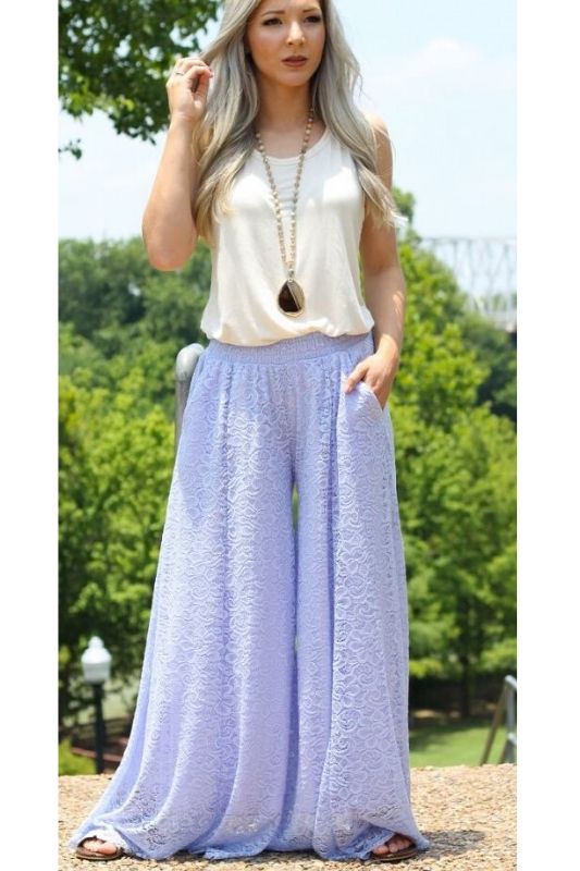 L&B Wide Floral Lace Palazzo Pants - Lavender Lilac