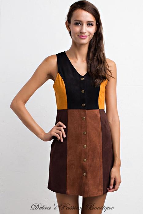 Lunik V Neck Brown Multi Suede Colorblock Dress - Debra's Passion Boutique - 1