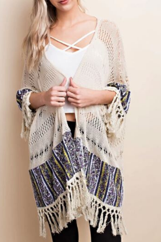 L Love Crochet Knit Mixed Fabric Fringe Kimono Cardigan