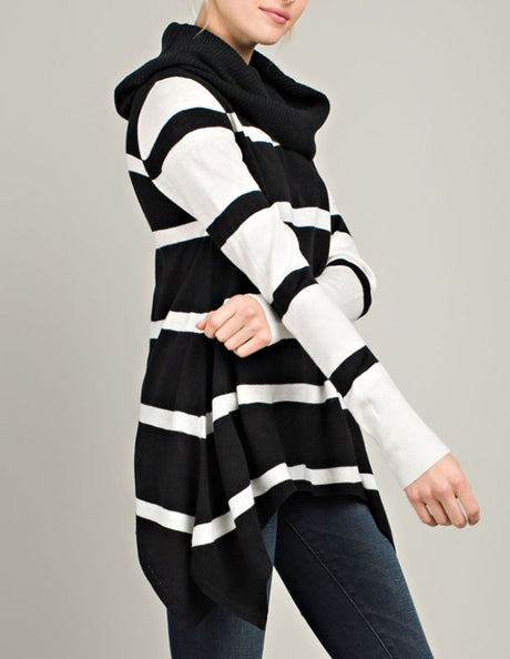 L Love Cowl Neck Striped Tunic - Black