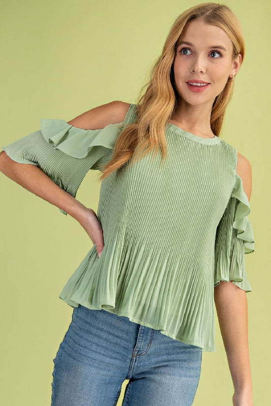 L Love Pleated Cold Shoulder Blouse - Apple Green
