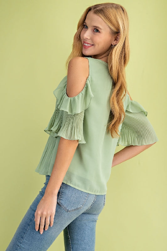 L Love Pleated Cold Shoulder Blouse - Apple Green