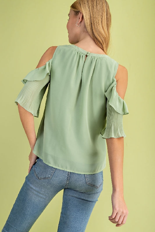 L Love Pleated Cold Shoulder Blouse - Apple Green