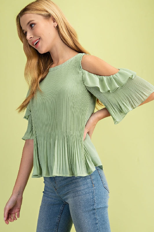 L Love Pleated Cold Shoulder Blouse - Apple Green