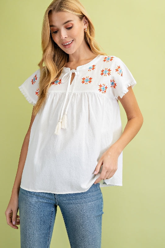 *Summer Sale L Love Aztec Embroidered Blouse - Ivory