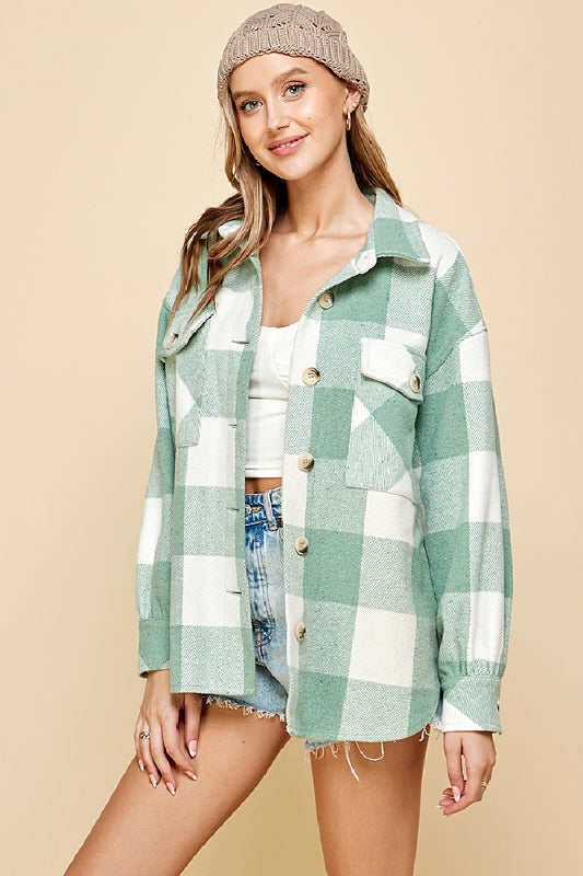 Lime N Chili Plaid Shacket Flannel Lined Coat - Sage/Ivory