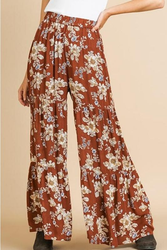 Umgee Floral Ruffle Pants - Brown Mix^