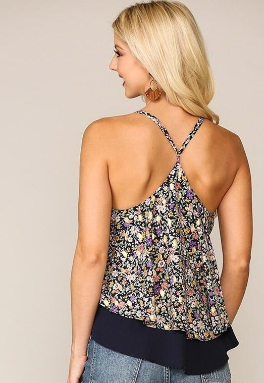 Layer Cami Flower Racer Tank - Navy