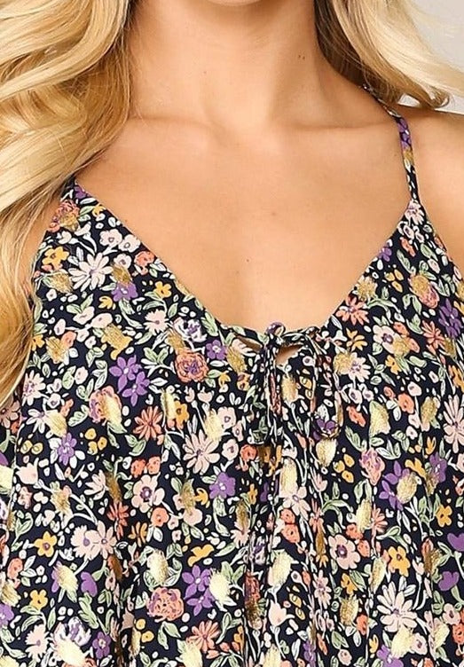 Layer Cami Flower Racer Tank - Navy