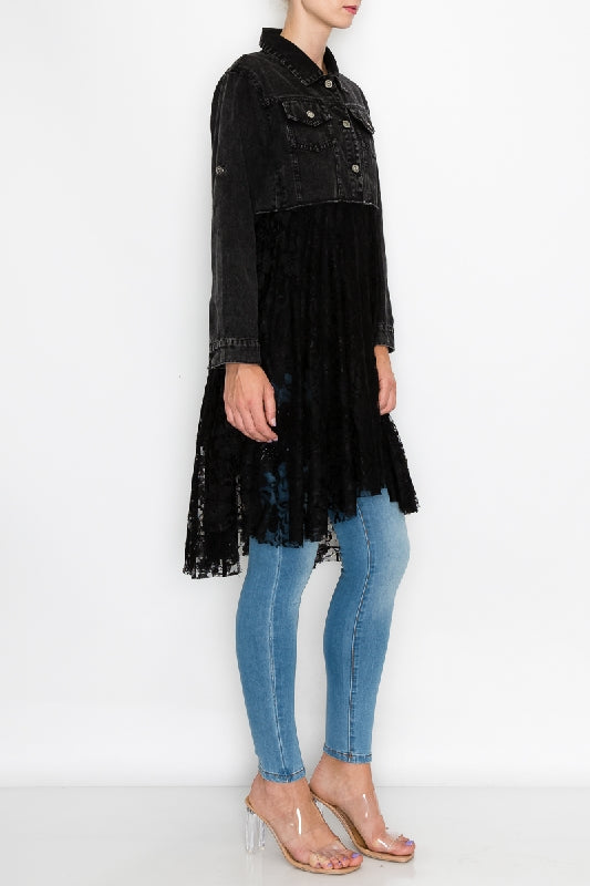 Origami Western Black Denim & Lace Jacket Cardigan - Black