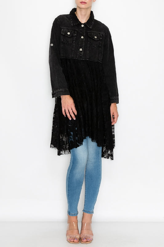 Origami Western Black Denim & Lace Jacket Cardigan - Black