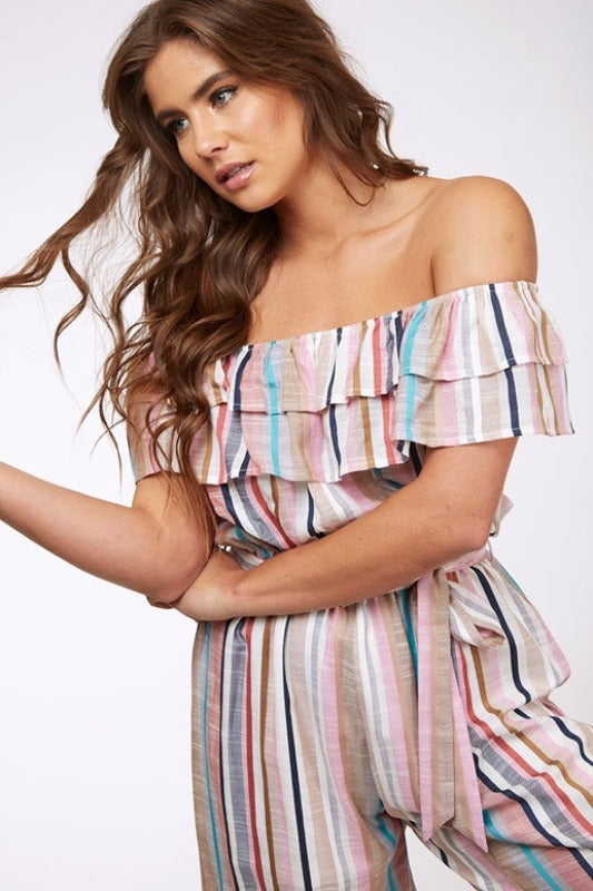 Peach Love Striped Off-Shoulder Ruffle Capri Jumpsuit