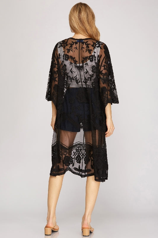 She + Sky Embroidered Mesh Long Kimono Cardigan