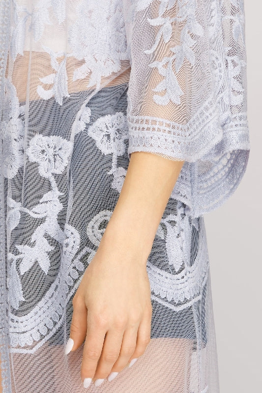She + Sky Embroidered Mesh Long Kimono Cardigan