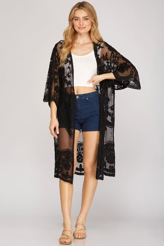 She + Sky Embroidered Mesh Long Kimono Cardigan