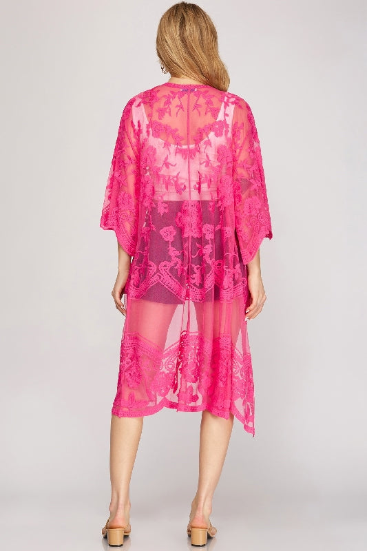 She + Sky Embroidered Mesh Long Kimono Cardigan