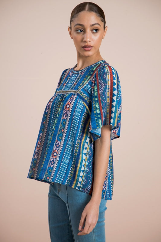 Sausalito Flutter Sleeve Shirred Blouse - Blue
