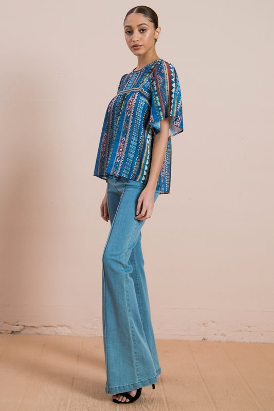 Sausalito Flutter Sleeve Shirred Blouse - Blue