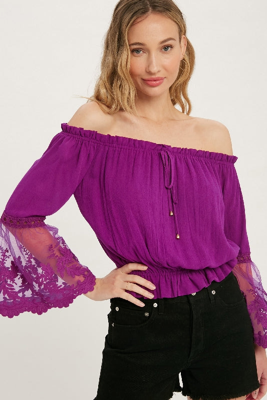 Lace Bell Sleeve Off Shoulder Blouse - Orchid Magenta