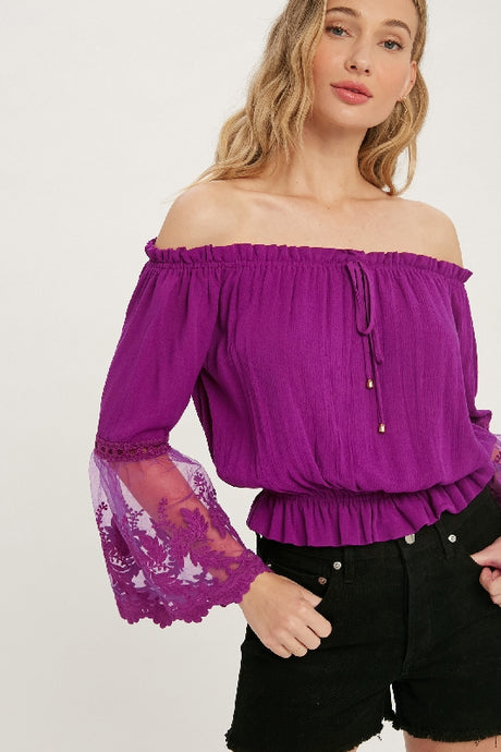 Lace Bell Sleeve Off Shoulder Blouse - Orchid Magenta